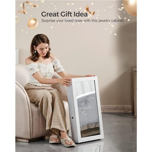 Lockable Jewelry Cabinet with Mirror, Wall-Mounted Space Saving Organizer, White - Picture 6 of 6